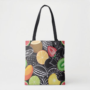 Bolsa Tote Frutas tropicais coloridas, fundo preto.