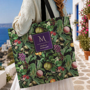Bolsa Tote Frutas tropicais elegantes padrão preto monograma
