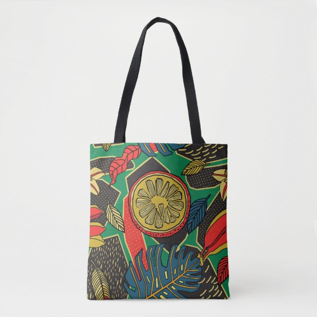 Bolsa Tote Frutas tropicais, folhas, padrão floral de rabisco (Frente)