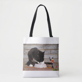 Bolsa Tote Fubby schoonmaken met de bezem bij etende Kat.