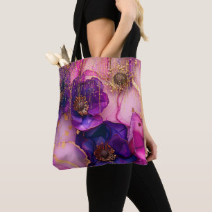 Bolsa Tote Fuchsia Floral Luxury Glamor Ouro Glitter