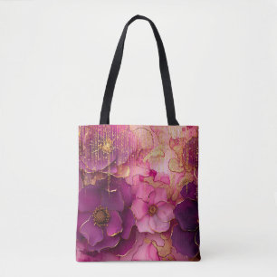 Bolsa Tote Fuchsia Floral Luxury Glamor Ouro Glitter