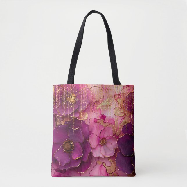 Bolsa Tote Fuchsia Floral Luxury Glamor Ouro Glitter (Frente)
