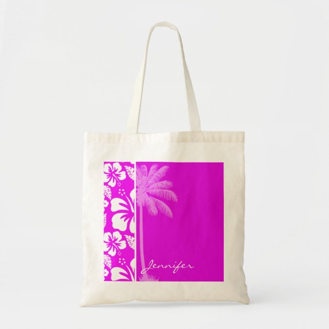 Bolsa Tote Fuchsia Hawaiian Tropical Hibiscus; Palm (Frente)