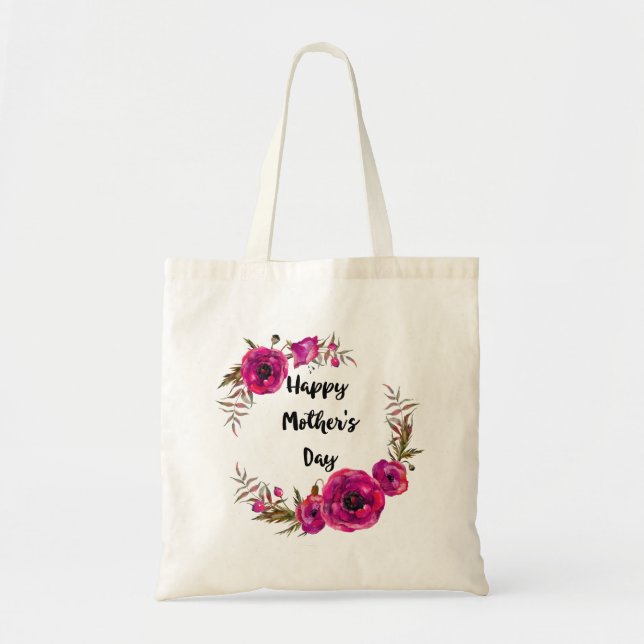 Bolsa Tote Fuchsia Poppies Floral Wreath Happy Dia de as mães (Frente)