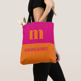 Bolsa Tote Fúcsia e laranja nome inicial personalizado modern
