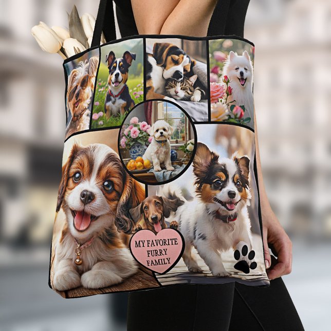 Bolsa Tote Fun Multi Photo Collage Dog Lover (Tote bag featuring a collage of your favorite dog photos in different shapes with a heart and quote)