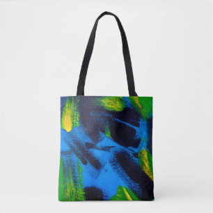 Bolsa Tote fundo abstrato. Preto acrílico, amarelo, azul,