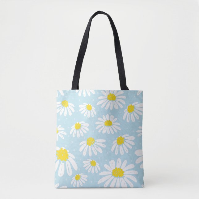 Bolsa Tote Fundo Azul-Margarida Branco Invisível (Frente)