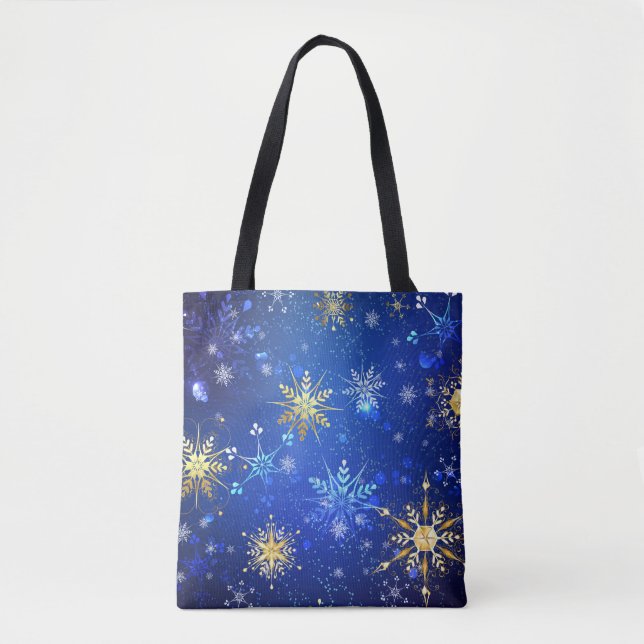 Bolsa Tote Fundo Azul XMAS com Flocos de Neve Ouro (Frente)