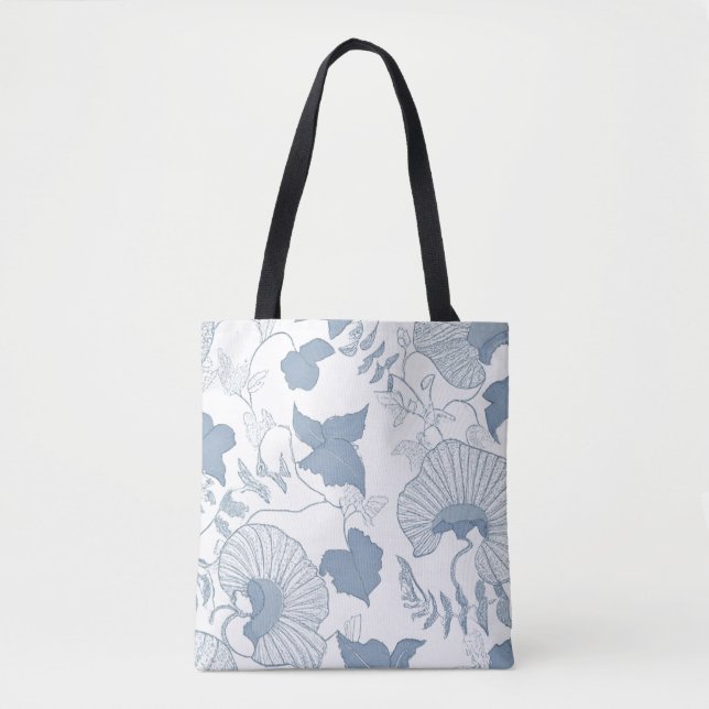 Bolsa Tote Fundo Branco Delicar Flores Azuis Japonesas (Frente)