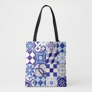 Bolsa Tote Fundo de patch de Vintage com azul tradicional