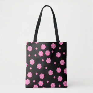 Bolsa Tote Fundo escuro, flores rosa estilizadas e brilhantes