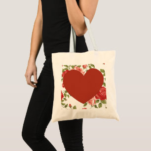 Bolsa Tote Fundo Grande Coração Vermelho e Flores
