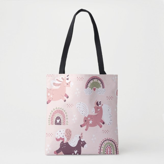 Bolsa Tote Fundo mágico com pequenos unicórnios e arco-íris (Frente)