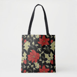 Bolsa Tote Fundo Natal Feliz sem emendas poinsétia vermelha e
