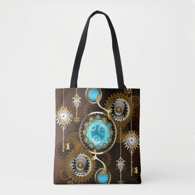 Bolsa Tote Fundo Rusty Steampunk com Lentes Turquesa (Frente)