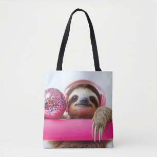 Bolsa Tote Funky Sloth com Fones de ouvido cor-de-rosa e Disc