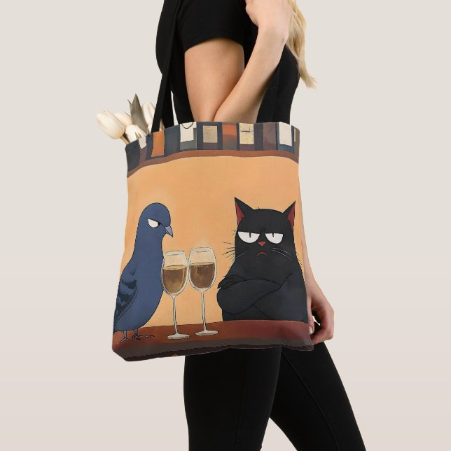 Bolsa Tote Funny Black Cat and Bird (Close Up)