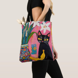 Bolsa Tote Funny Black cat Banana and Flower Vase
