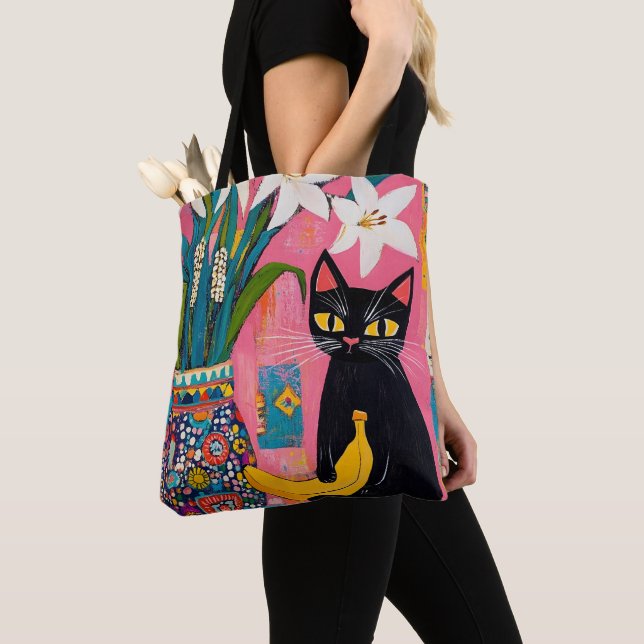 Bolsa Tote Funny Black cat Banana and Flower Vase (Close Up)