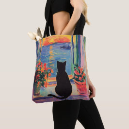 Bolsa Tote Funny Black cat enjoying the sunset