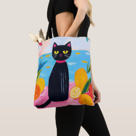Bolsa Tote Funny Black Cat Fresh Fruit and Sea