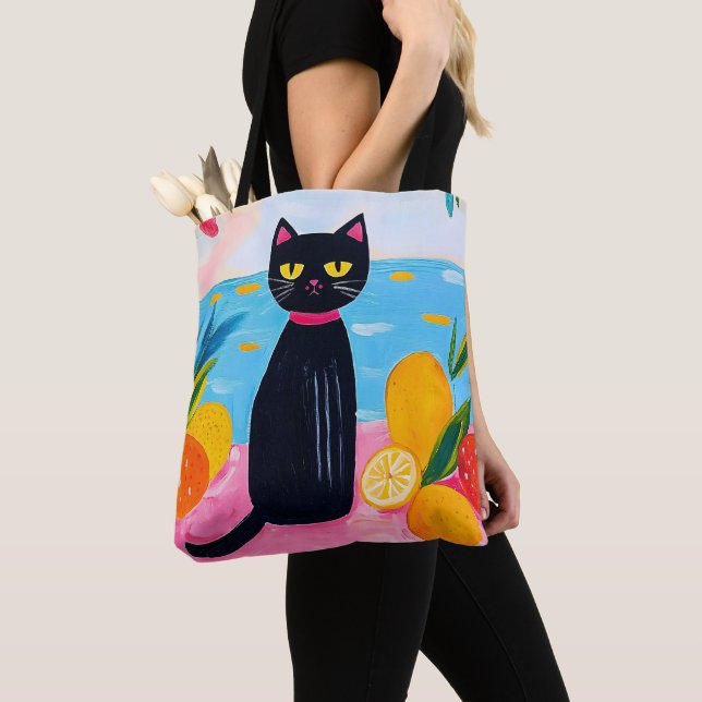 Bolsa Tote Funny Black Cat Fresh Fruit and Sea (Close Up)