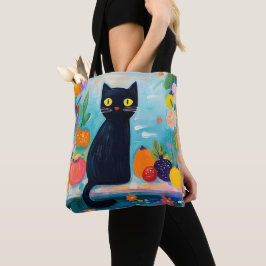 Bolsa Tote Funny Black Cat with Colorfull Fresh Fruit