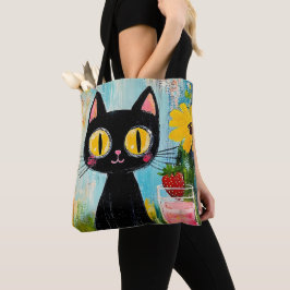 Bolsa Tote Funny Black Cat with Strawberry