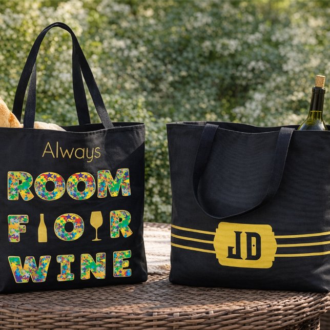 Bolsa Tote Funny Colorful Wine Lovers (Have your say with this fun filled text that has brightly colored stars inside. Initials on the back)
