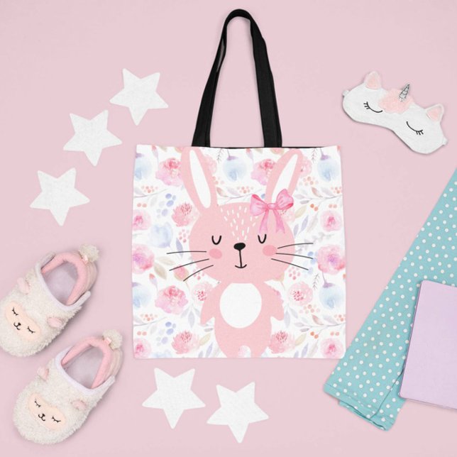 Bolsa Tote Funny Floral Pink Bunny (Criador carregado)