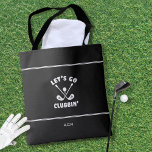 Bolsa Tote Funny Golfer Club Humor Modern Sports Black<br><div class="desc">O design do clube de golfe engraçado apresenta o "Clubbin do Vamos Go" no centro, em branco, arranjado com dois tacos de golfe e uma bola de golfe em fundo preto. Há duas pequenas faixas brancas de sotaque acima e abaixo do design central. A parte inferior contém um modelo moderno...</div>