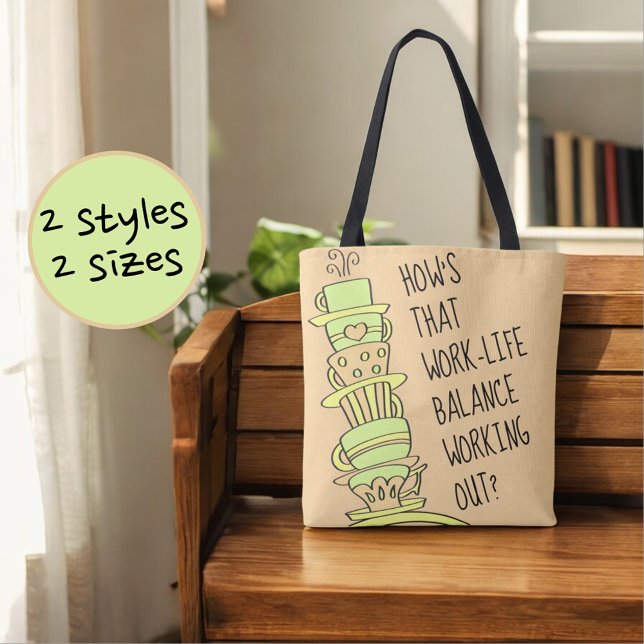 Bolsa Tote Funny Leaning Pastel Coffee Cup Stack Reusable (same design on both sides of bag)