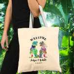 Bolsa Tote Funny T Rex Bride and Groom Wedding Welcome<br><div class="desc">Welcome your wedding guests with this funny dinosaur T Rex bride and groom tote. Add all the days survival favors like bottled water, tablets for headaches and toys and table games for children attending the event. Easy to customize with the bride and grooms names and the wedding date. Colorful watercolor...</div>