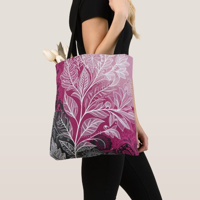 Bolsa Tote Fuschia Floral com Efeito de rendas, Preto e Branc (Close Up)
