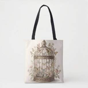 Bolsa Tote Gaiola antiga com flores e borboletas