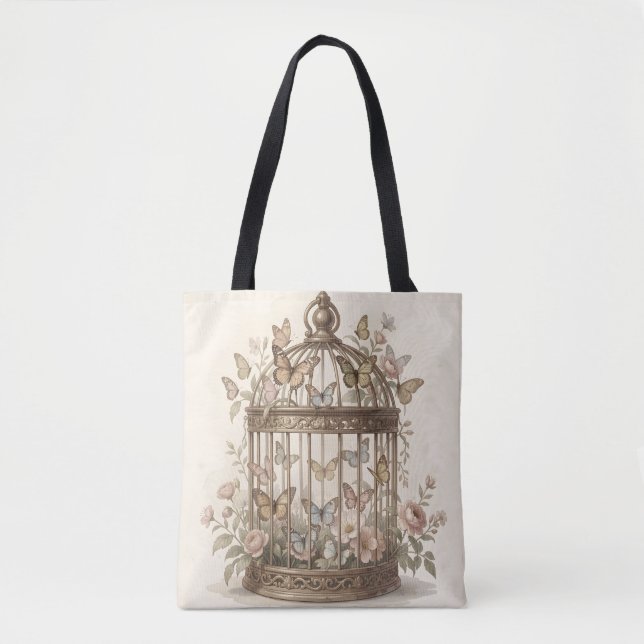 Bolsa Tote Gaiola antiga com flores e borboletas (Frente)