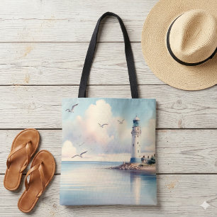 Bolsa Tote Gaivotas do Farol Costeiro Céu Pastel Serenidade