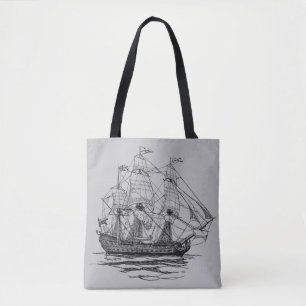 Bolsa Tote Galeão de Piratas Vintage, Esboço de um Navio de 7