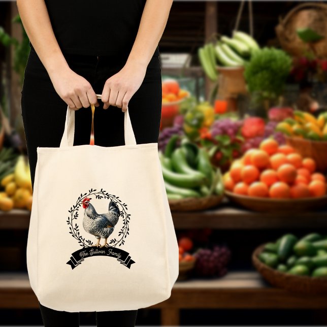 Bolsa Tote Galinha Rústica de Galinha Rústica (Rustic Country Rooster Chicken Black and White  Farm Family Name Grocery Tote Bag)