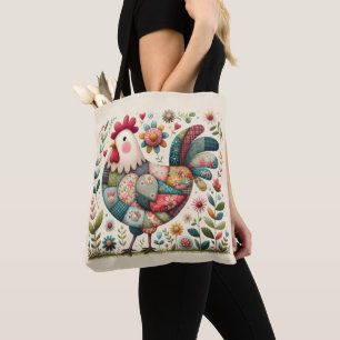 Bolsa Tote Galo de Patchwork Folclórico com Acentos Florais