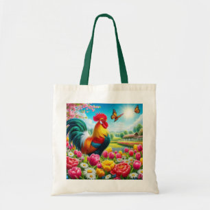 Bolsa Tote Galo floral/primavera/trabalho de arte de galinha