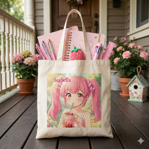 Bolsa Tote Garota Anime Fofa de Rosa Bebendo Chá de Bolha