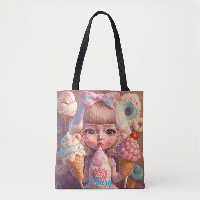 Bolsa Tote Garota bonita Kawaii com sorvetes (Frente)