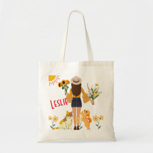 Bolsa Tote Garota bonita segurando girassóis Cat & Dog