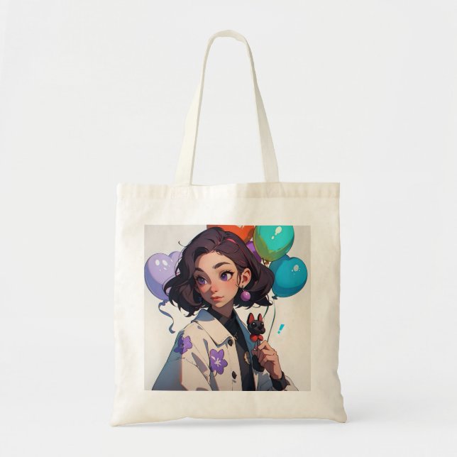 Bolsa Tote Garota Cartoon Segurando Pet E Balões (Frente)