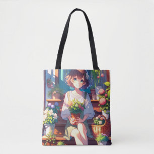 Bolsa Tote Garota de Animação Bonita segurando uma Planta