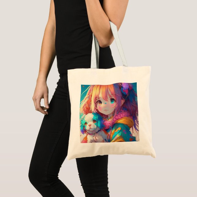 Bolsa Tote Garota de Anime com Cachorrinho (Frente (produto))
