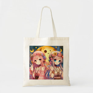 Bolsa Tote Garota de Anime Hippie Lua Garotas Fazendo Sinal d
